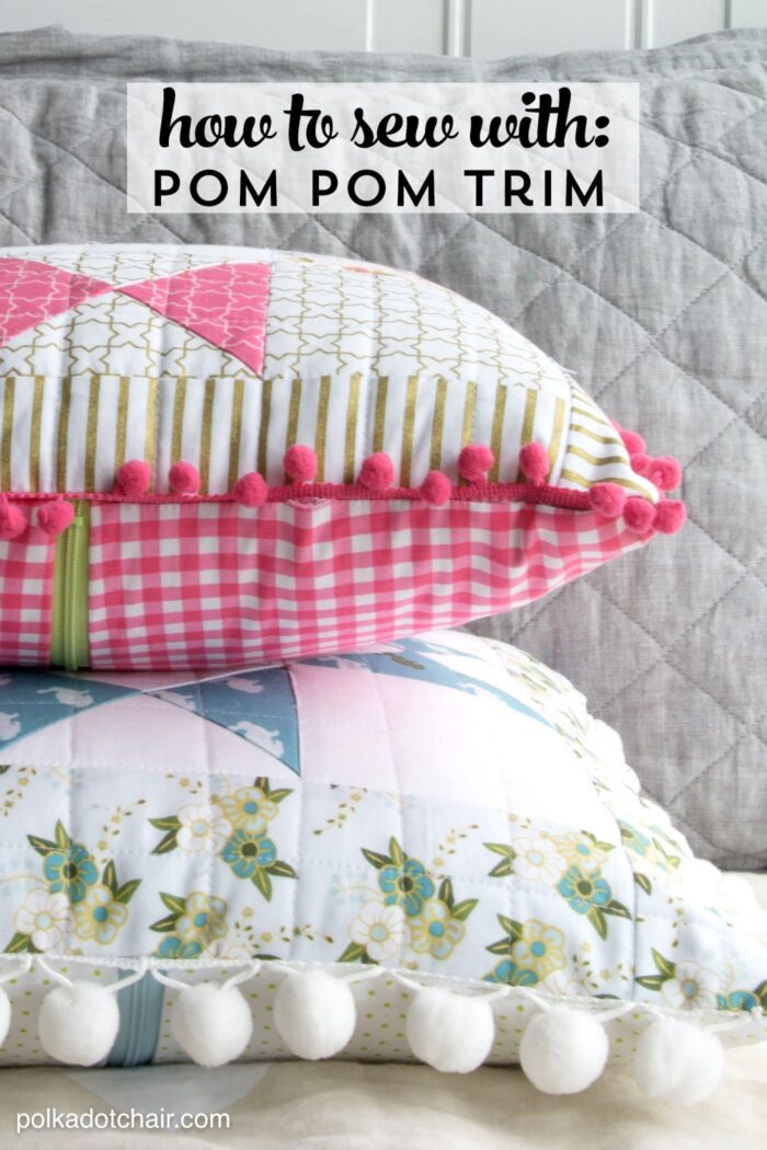 Learn tips and trick to make it easy to sew with pom pom trim or fringe. Like how to add pom pom fringe to a pillow