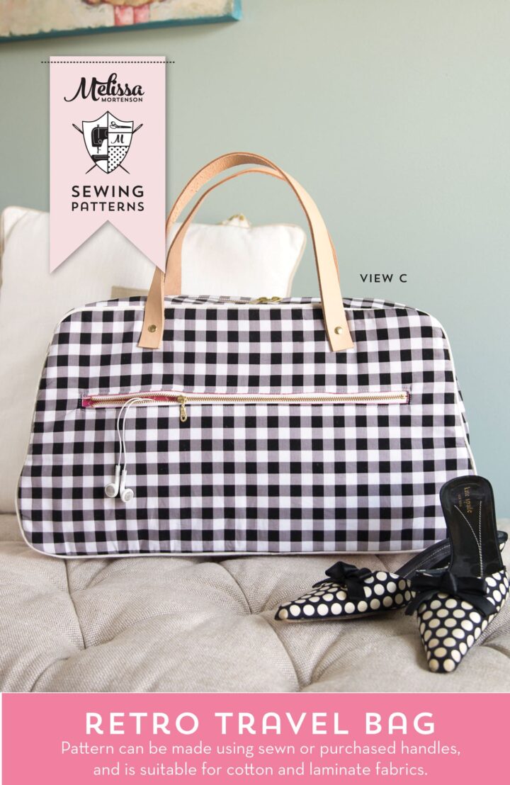 Retro Travel Bag Sewing Pattern by Melissa Mortenson; makes a cute weekend bag and can be made with leather straps or sewn purse handles. Would be a cute DIY summer travel bag.