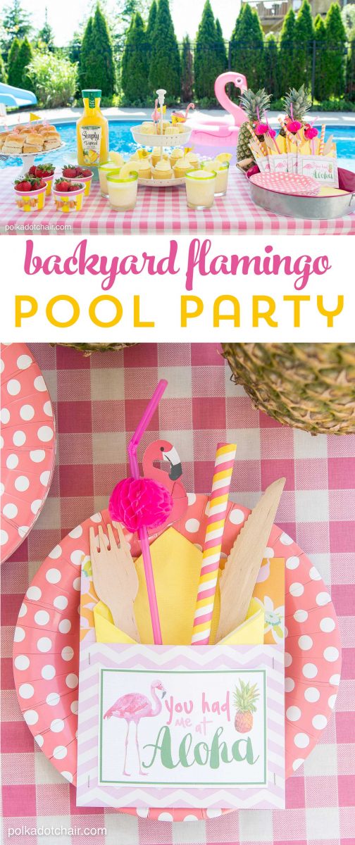 Lots of fun ideas to throw a backyard flamingo themed pool party, including free printable silverware containers and a recipe for pineapple and mango virgin pina coladas 