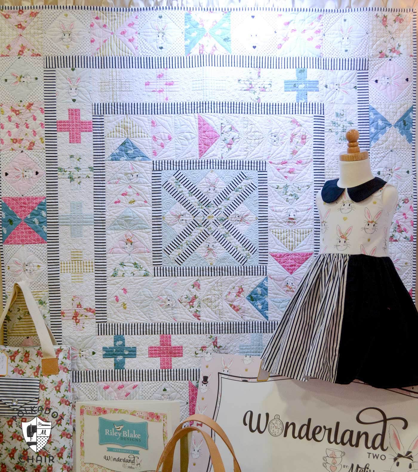 Photos from the Riley Blake booth at Spring Quilt market, lots of cute sewing and quilting projects using Wonderland Fabric