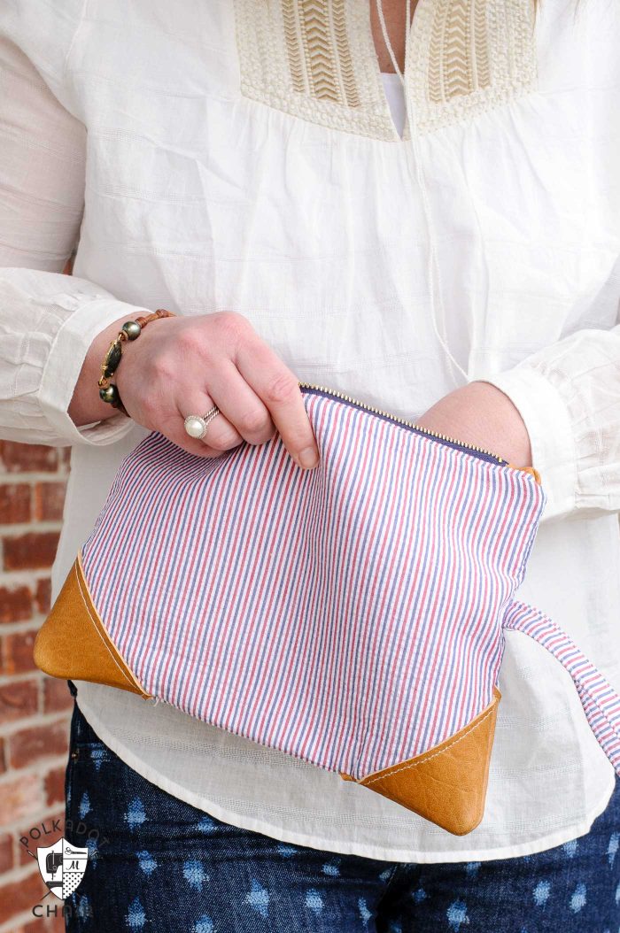 DIY Seersucker and Leather Fold Over Summer Clutch Sewing Pattern & Free Tutorial on polkadotchair.com