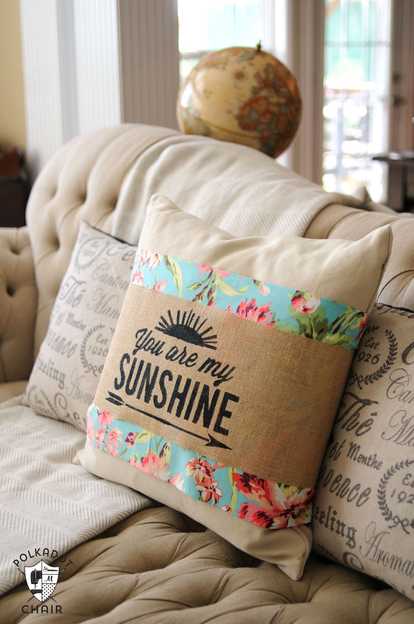 DIY Stenciled Burlap Pillow Sleeve Tutorial; with free "You are My Sunshine" cut file for the Cricut or Silhouette 