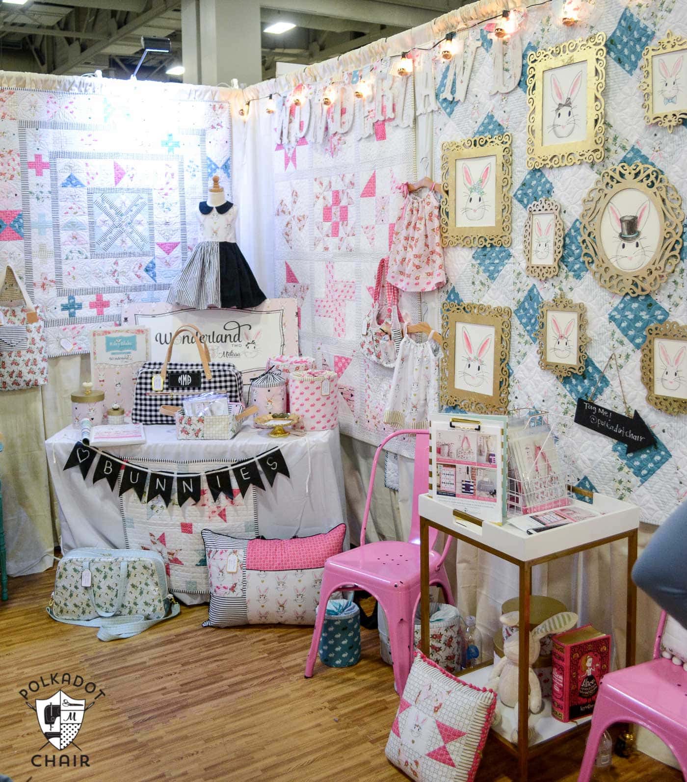 Photos from the Riley Blake booth at Spring Quilt market, lots of cute sewing and quilting projects using Wonderland Fabric