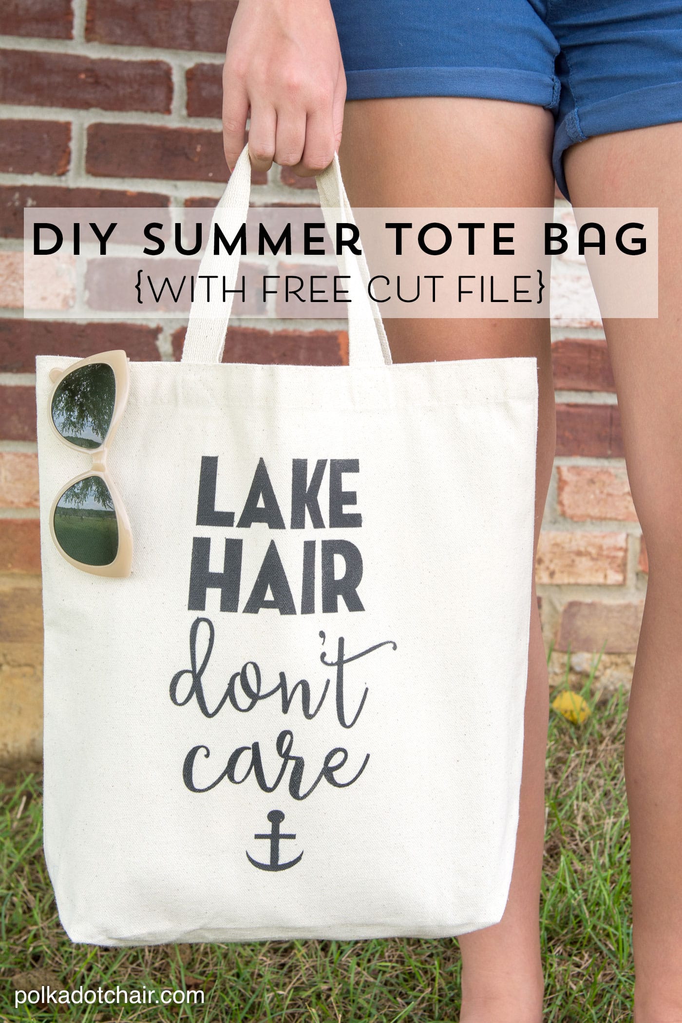 DIY "Lake Hair Don't Care" Stenciled Summer Tote bag with free svg file download by Melissa of polkadotchair.com