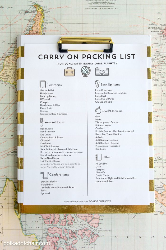 Tips for surviving long airline flights, along with a free printable airplane carry on packing list