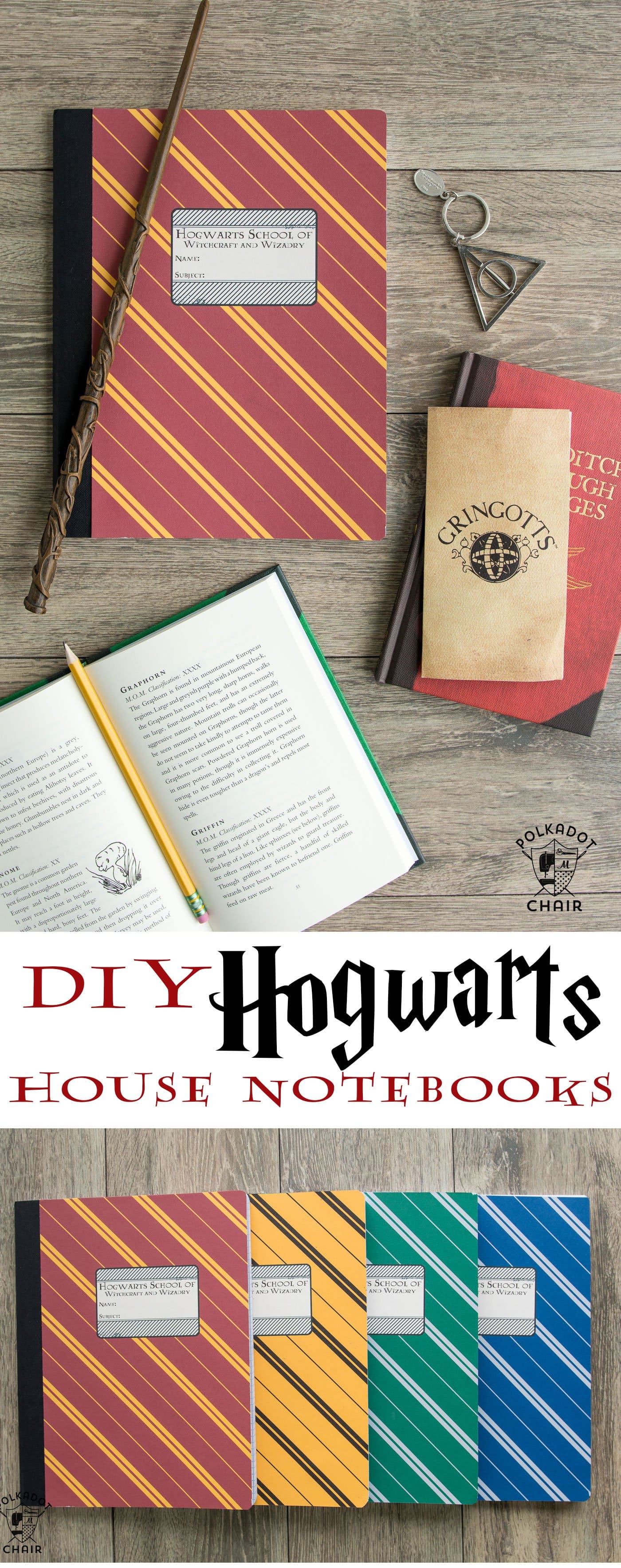 DIY Harry Potter Hogwarts Notebooks; with free printable covers for each house on polkadotchair.com