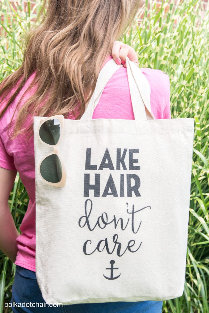 DIY "Lake Hair Don't Care" Stenciled Summer Tote bag with free svg file download by Melissa of polkadotchair.com