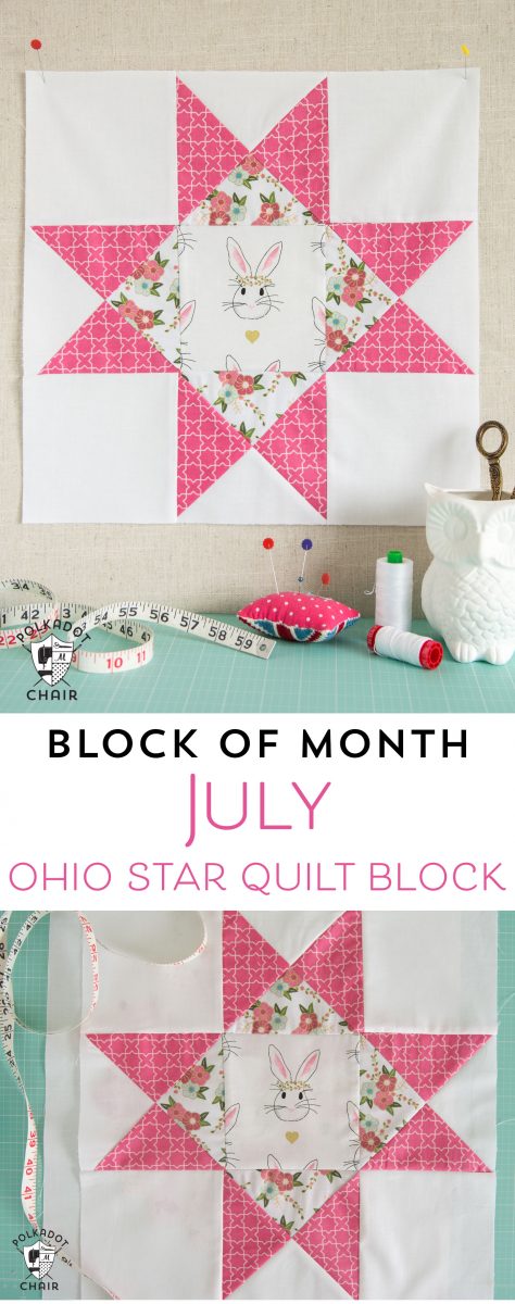 The July Quilt Block of the Month; the Ohio Star Quilt Block, includes full measurements and directions to make the block.