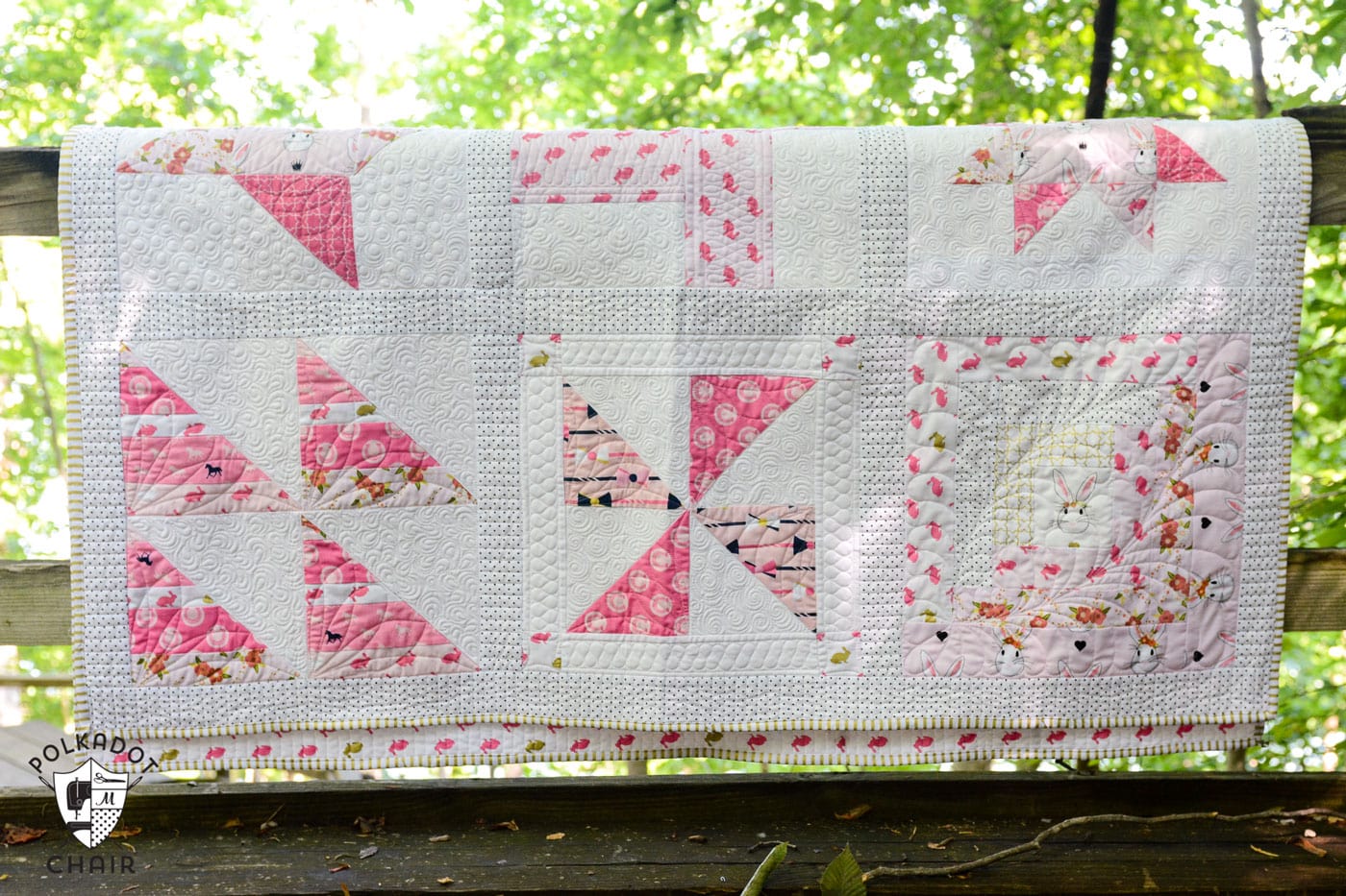 Completed Sampler Quilt made from free Block of the Month quilt blocks on polkadotchair.com 