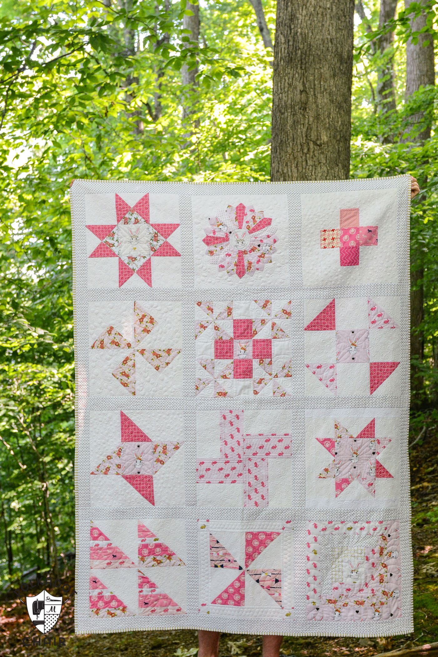 Completed Sampler Quilt made from free Block of the Month quilt blocks on polkadotchair.com 