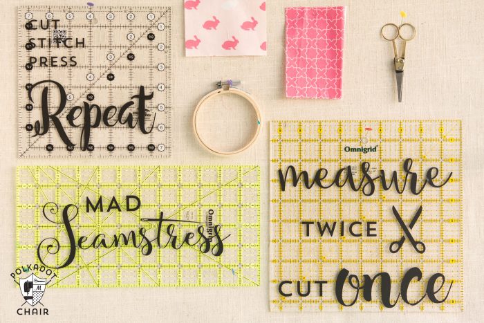 DIY Sewing and Quilting Decals for Quilt Rulers or to use as wall decor in a sewing room {includes link to free svg cut files}; cute sewing room decorating ideas