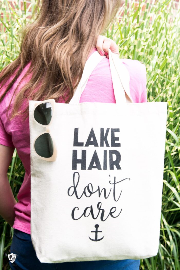 DIY "Lake Hair Don't Care" Stenciled Summer Tote bag with free svg file download by Melissa of polkadotchair.com