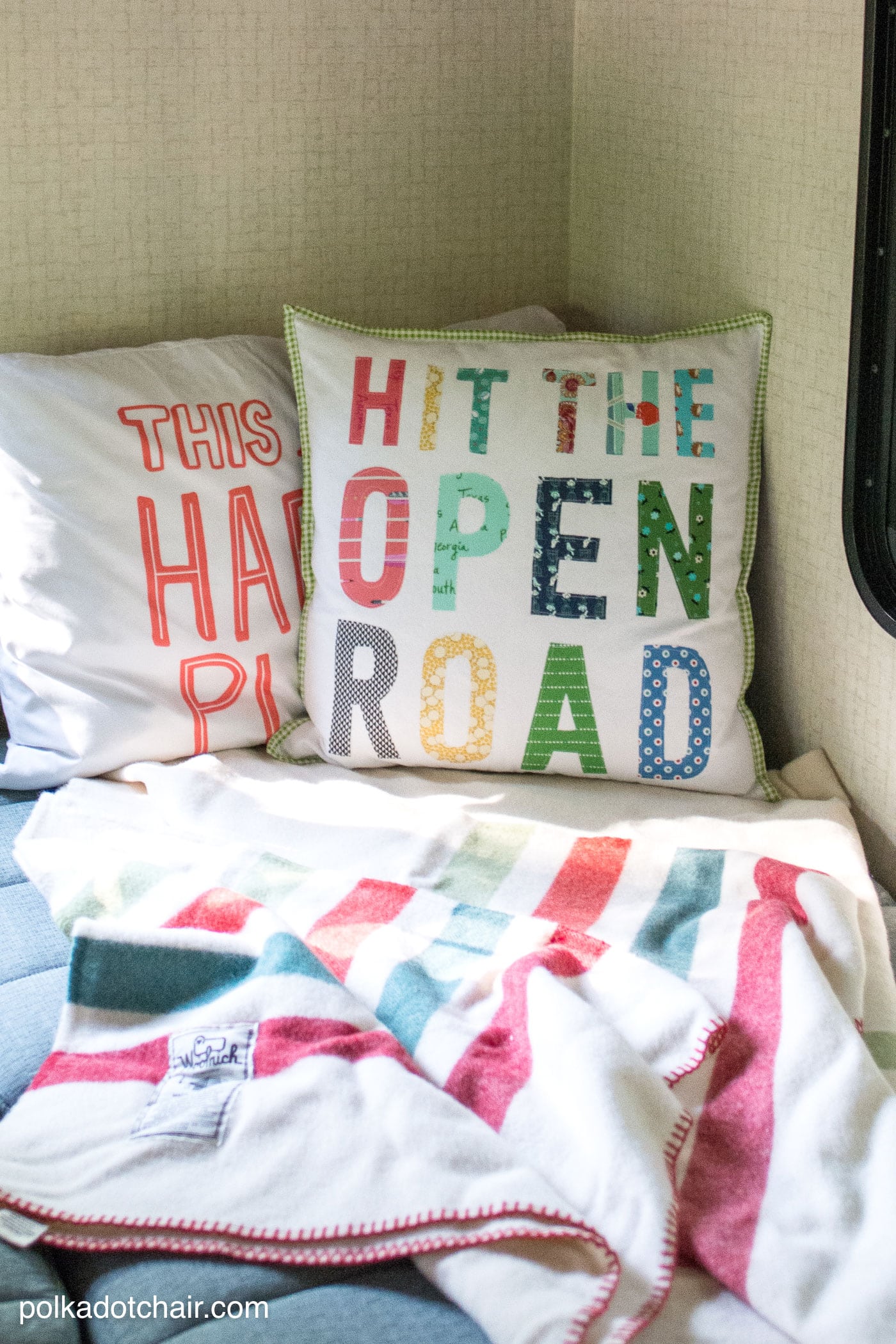 Free tutorial for a Hit the Open Road pillow, a fun DIY project for an RV or camper. Plus why our family loves to "Go RV'ing"