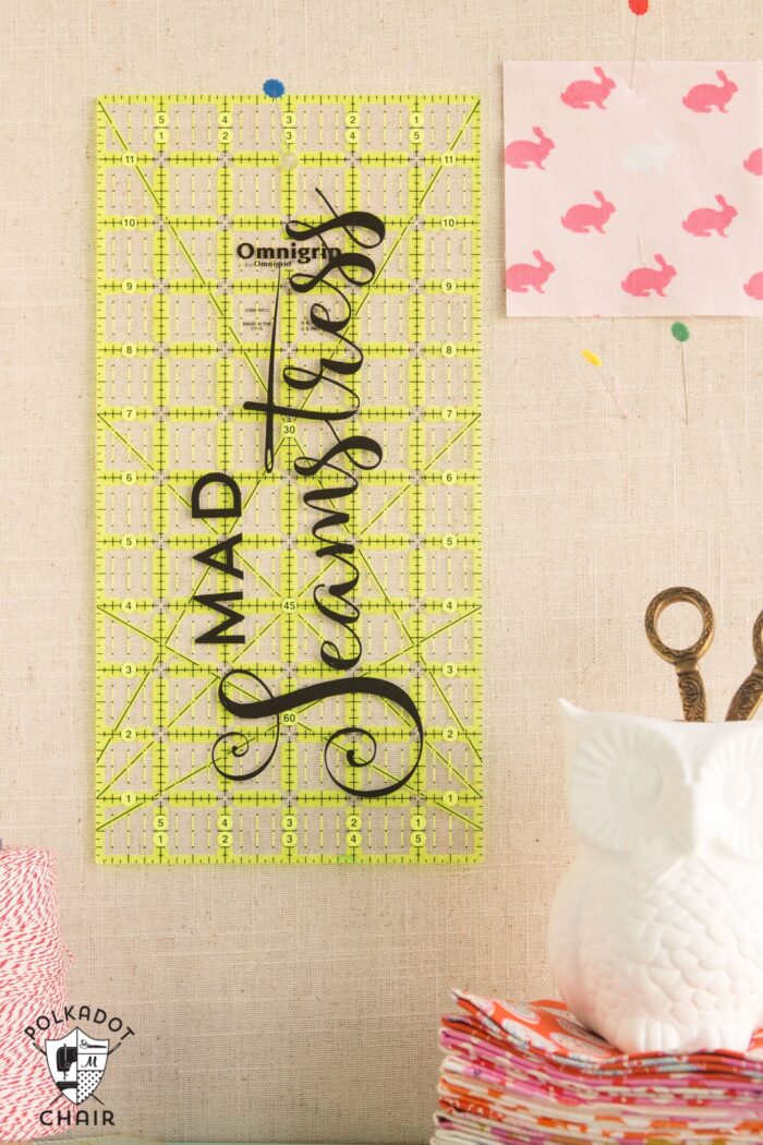 DIY Sewing and Quilting Decals for Quilt Rulers or to use as wall decor in a sewing room {includes link to free svg cut files}; cute sewing room decorating ideas