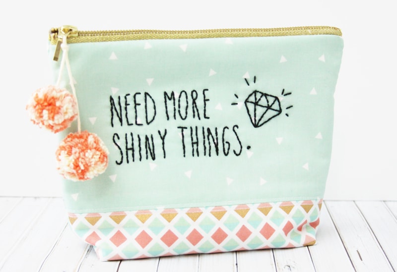 Cute "Need more Shiny Things" Zipper pouch sewing tutorial by Flamingo Toes