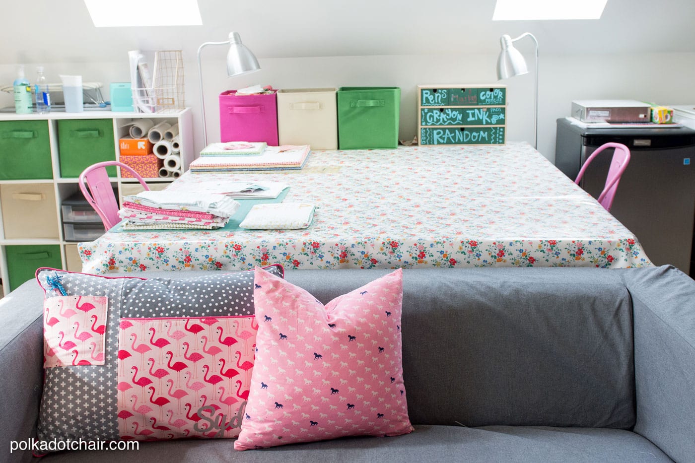 Sewing room with grey couch