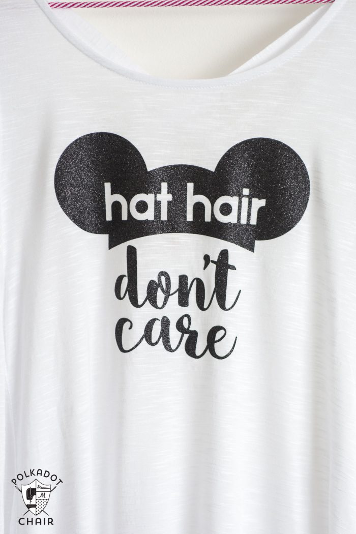 Make your own DIY Disney T-shirt with this free cut file and iron on vinyl. Cute "hat hair don't care" Mickey Ears Disney tshirt!