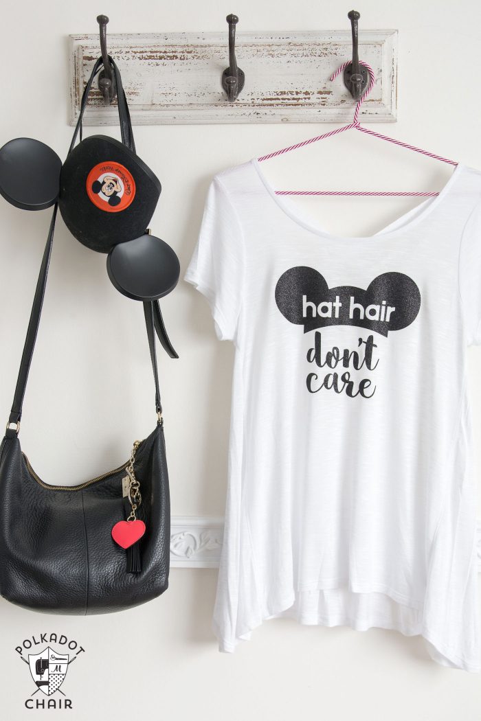 Make your own DIY Disney T-shirt with this free cut file and iron on vinyl. Cute "hat hair don't care" Mickey Ears Disney tshirt!