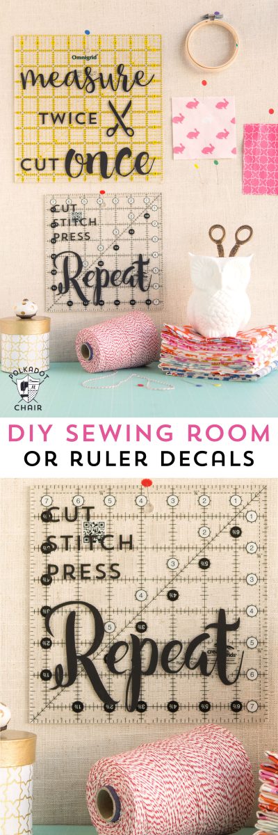 DIY Sewing and Quilting Decals for Quilt Rulers or to use as wall decor in a sewing room {includes link to free svg cut files}; cute sewing room decorating ideas