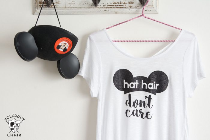 Make your own DIY Disney T-shirt with this free cut file and iron on vinyl. Cute "hat hair don't care" Mickey Ears Disney tshirt!