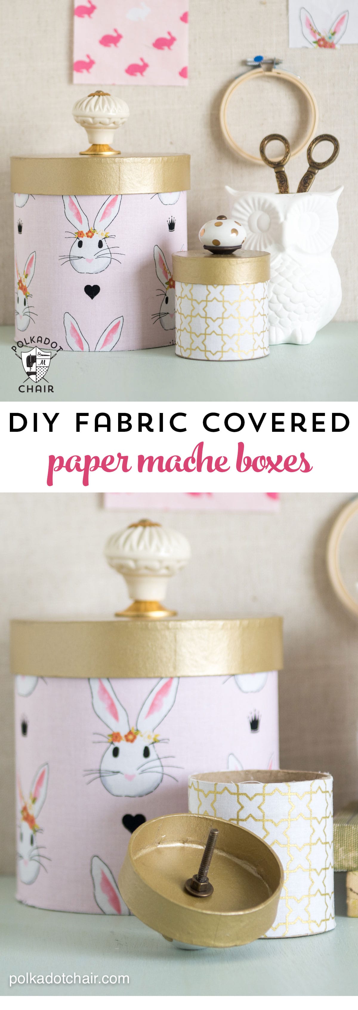 Learn how to cover paper mache boxes with fabric to make these cute DIY storage containers!