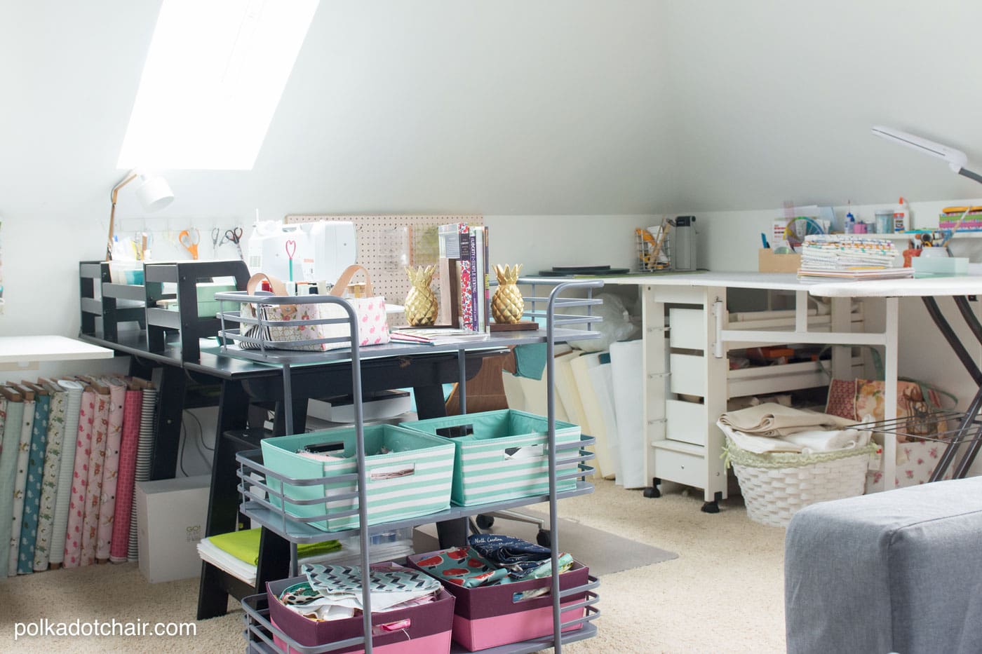 Sewing room with black and white table