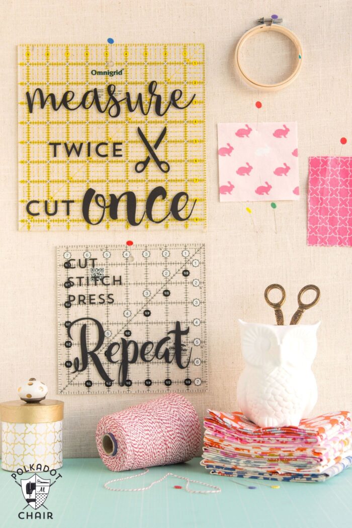 DIY Sewing and Quilting Decals for Quilt Rulers or to use as wall decor in a sewing room {includes link to free svg cut files}; cute sewing room decorating ideas