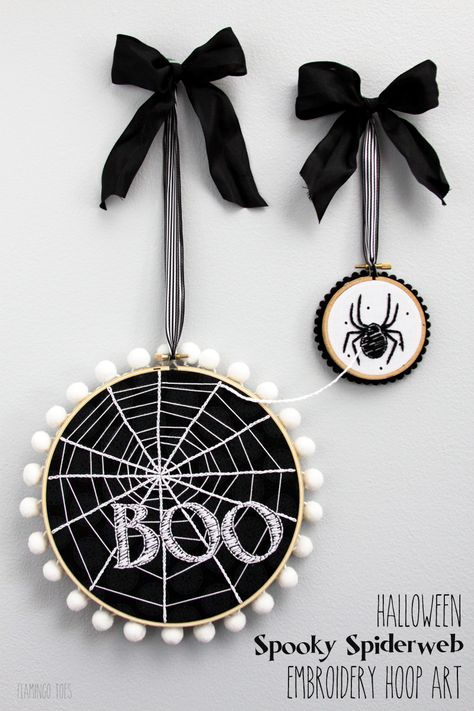 Two cute black and white halloween themed embroidery hoops