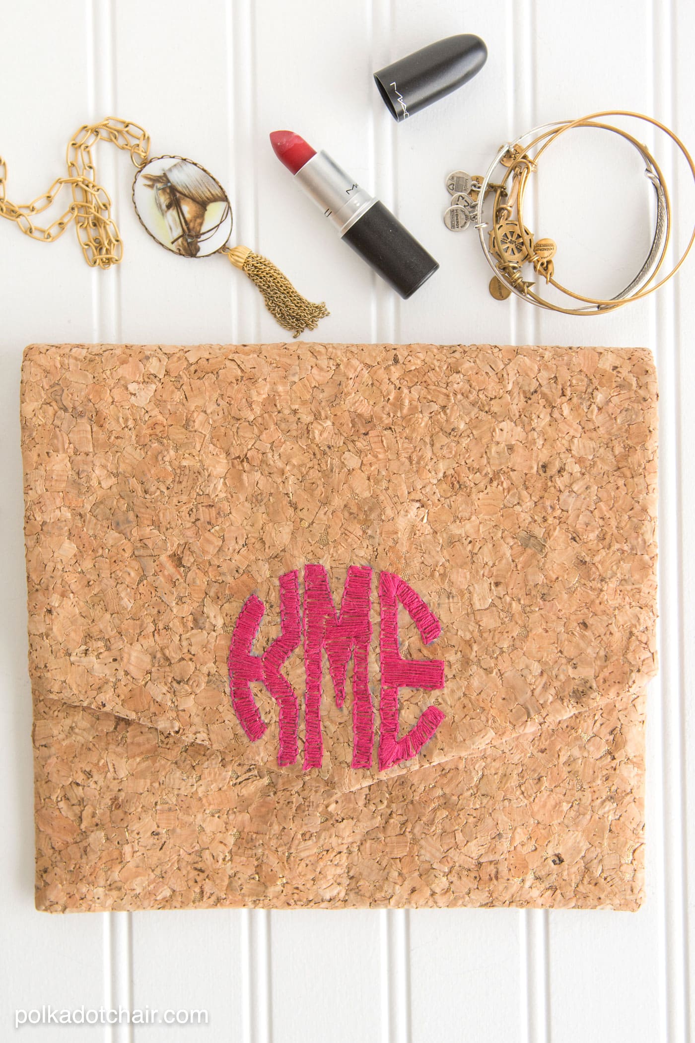 Free sewing pattern for a DIY Monogrammed Cork Clutch on polkadotchair.com