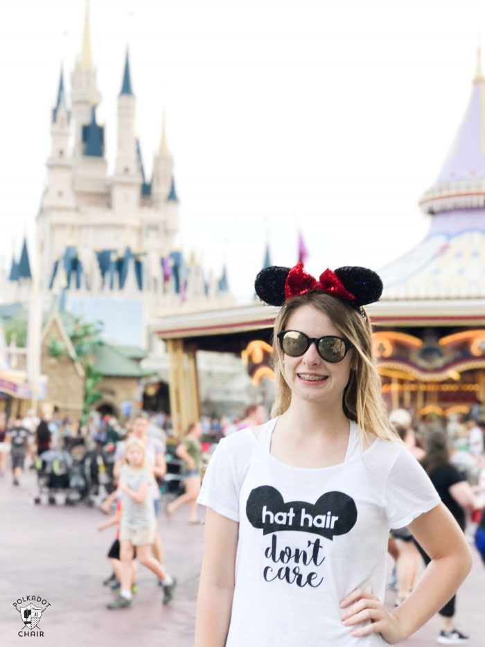 DIY Disney T-Shirt with free Cricut Cut file; Hat Hair Don't Care ! So cute and fun to wear to Disney World or Disneyland! 