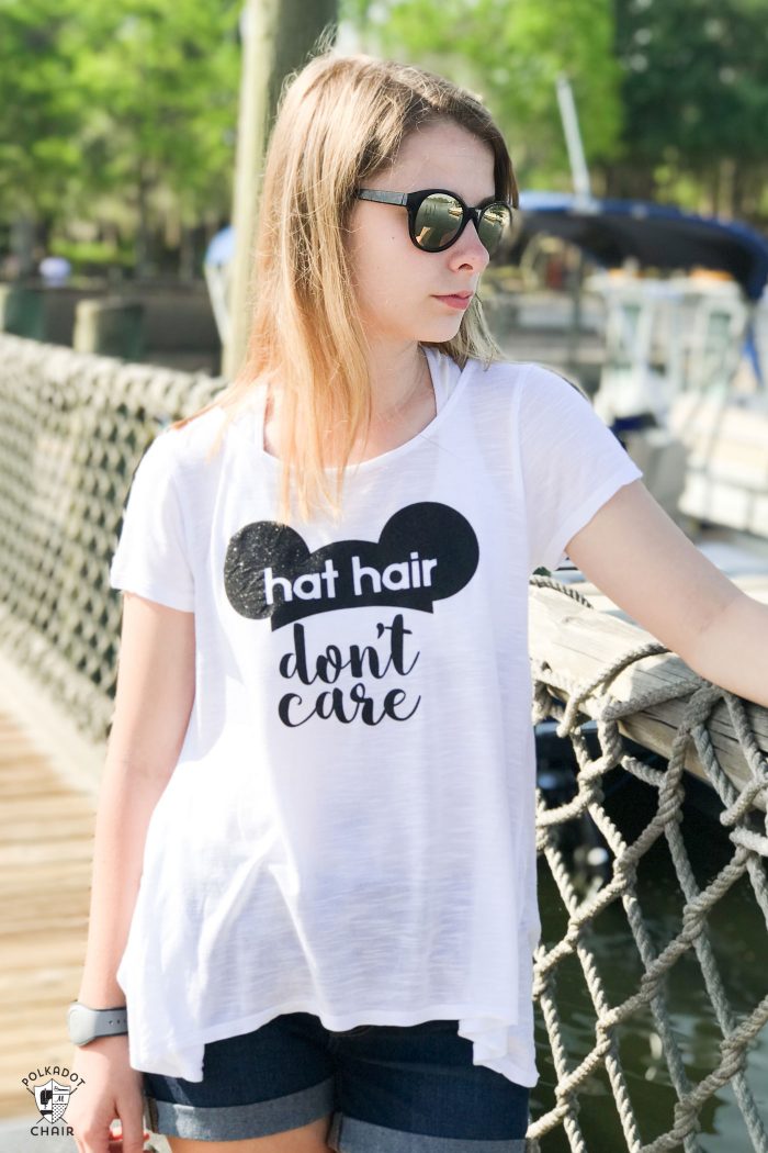 DIY Disney T-Shirt with free Cricut Cut file; Hat Hair Don't Care ! So cute and fun to wear to Disney World or Disneyland! 