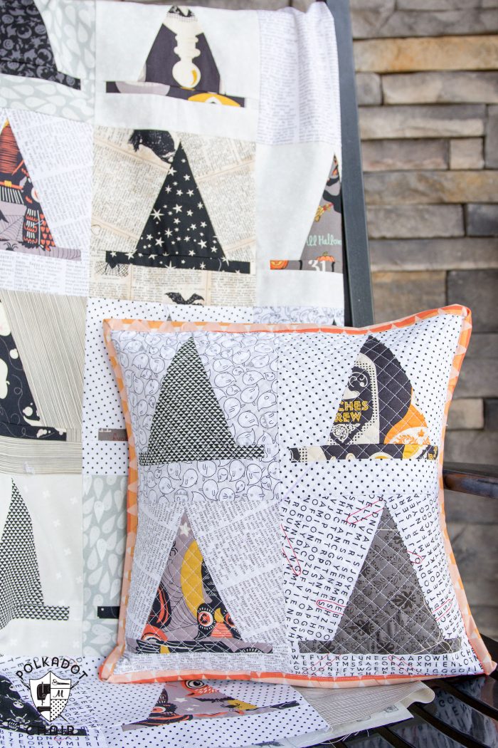 The Halloween Haberdashery Quilt; a fun Halloween sewing and quilting project featuring rows of Witch's Hat quilt blocks.