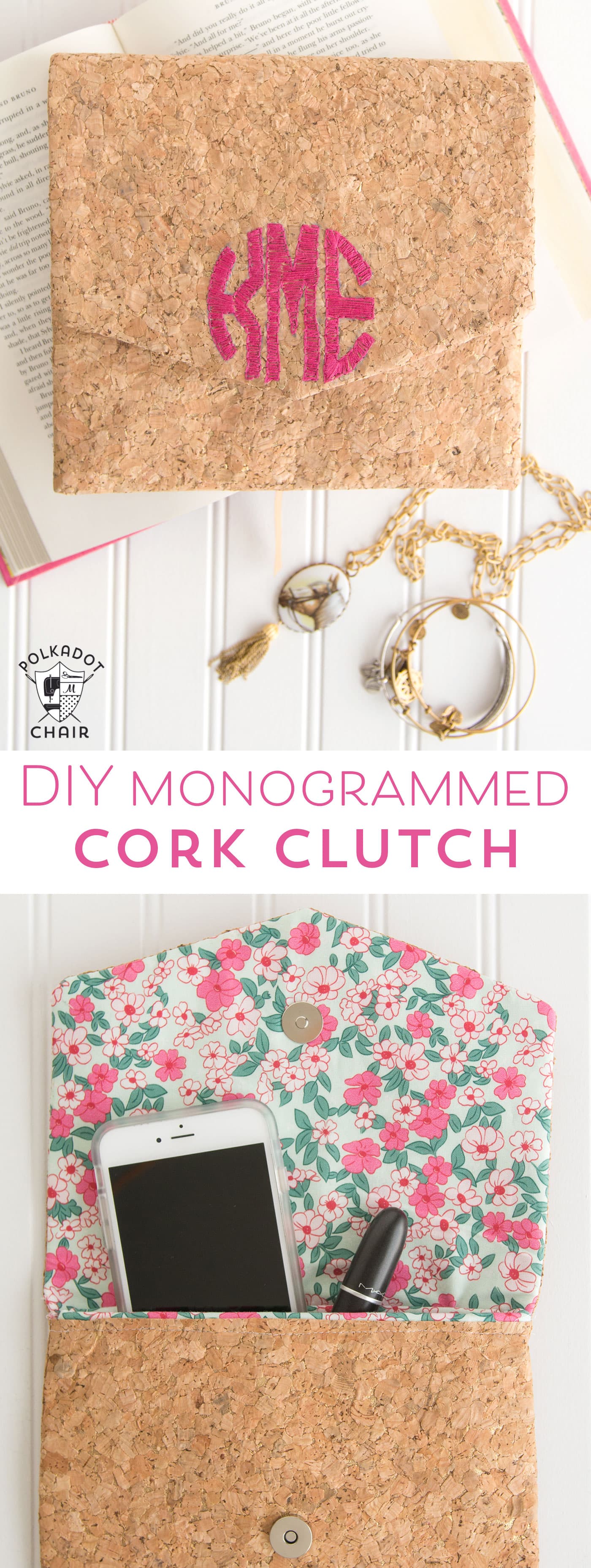 Free sewing pattern for a DIY Monogrammed Cork Clutch on polkadotchair.com