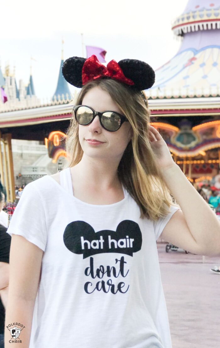 DIY Disney T-Shirt with free Cricut Cut file; Hat Hair Don't Care ! So cute and fun to wear to Disney World or Disneyland! 