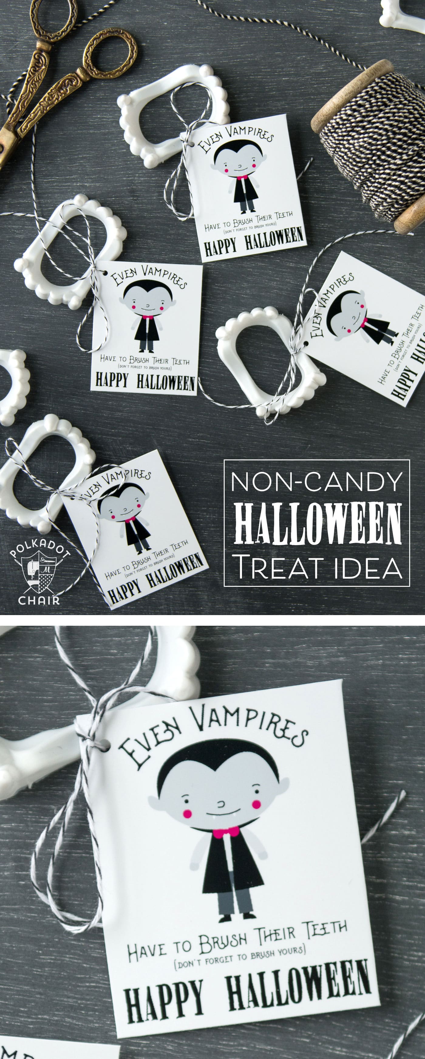 Cute non-candy Halloween Treat idea - free printable tags to attach to vampire teeth! 