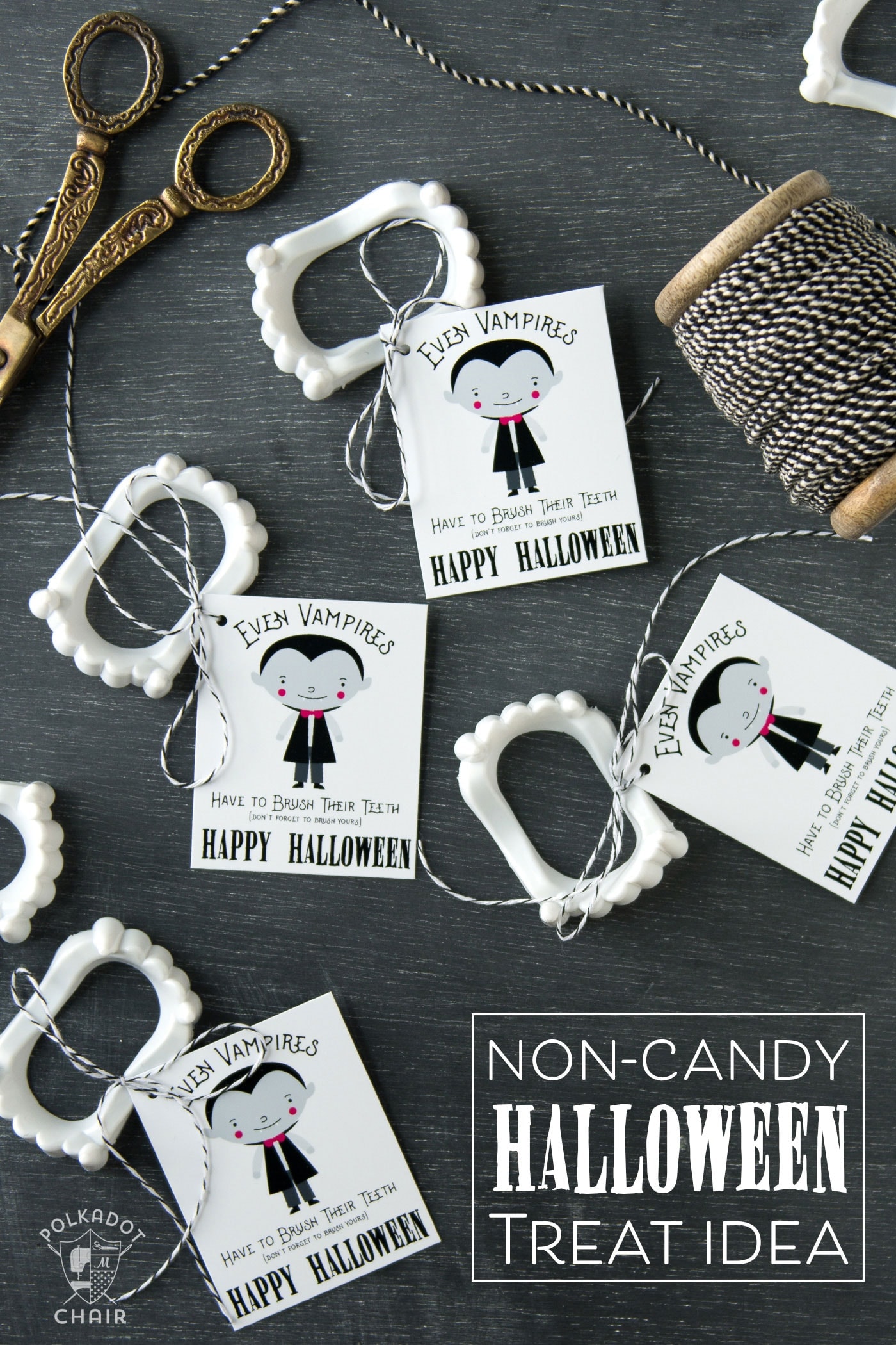 Cute non-candy Halloween Treat idea - free printable tags to attach to vampire teeth! 