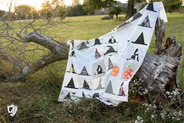 The Halloween Haberdashery Quilt; a fun Halloween sewing and quilting project featuring rows of Witch's Hat quilt blocks.