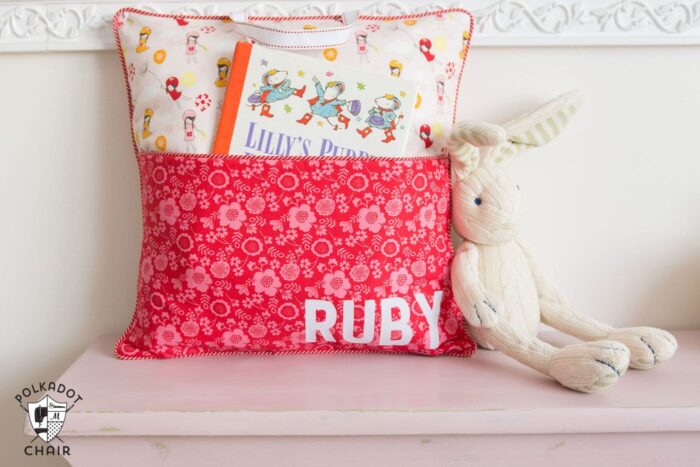 How to sew a personalized reading pillow with a pocket and handle - free sewing pattern and tutorial on polkadotchair.com