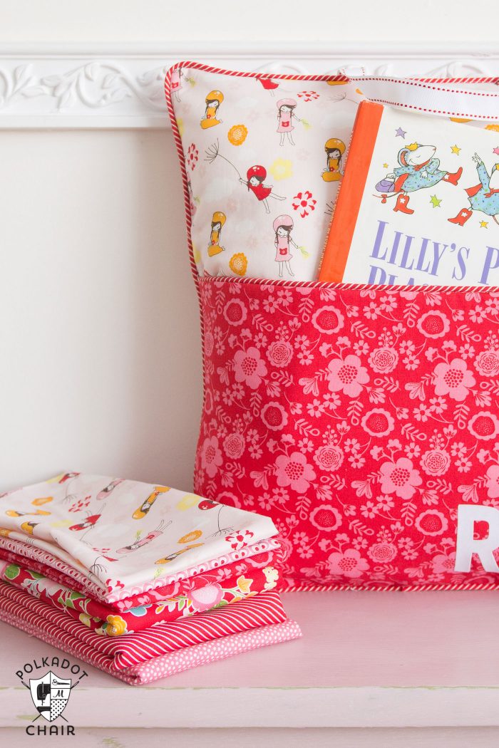 How to sew a personalized reading pillow with a pocket and handle - free sewing pattern and tutorial on polkadotchair.com