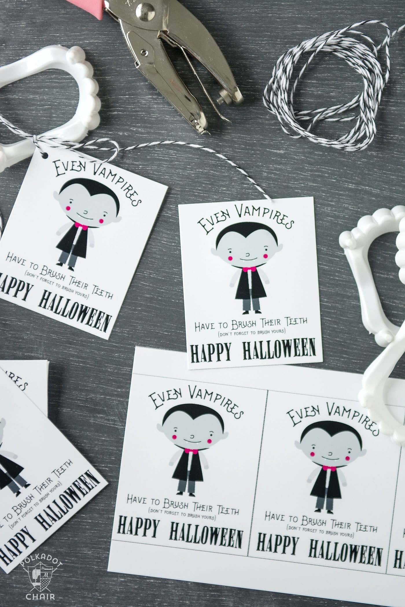 Cute non-candy Halloween Treat idea - free printable tags to attach to vampire teeth! 