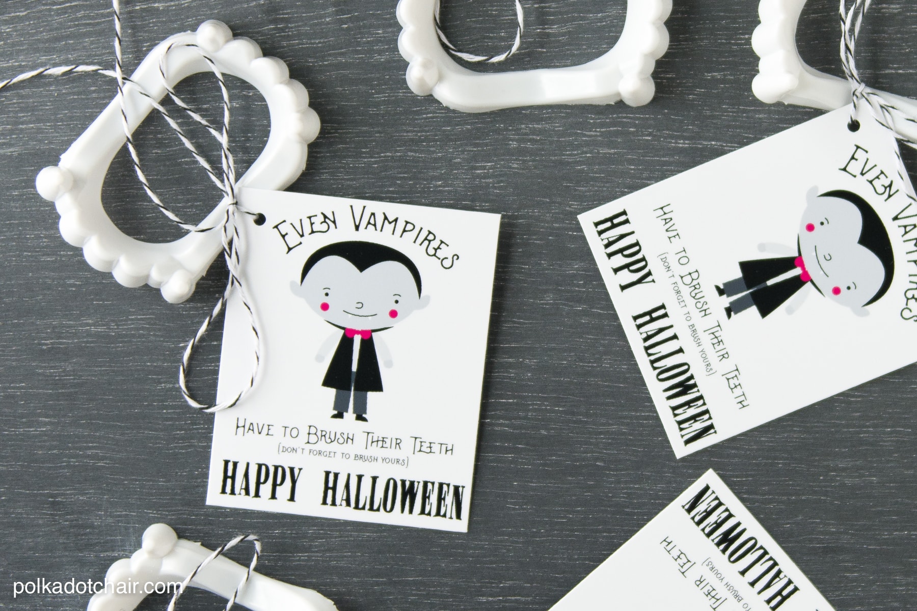 Cute non-candy Halloween Treat idea - free printable tags to attach to vampire teeth! 