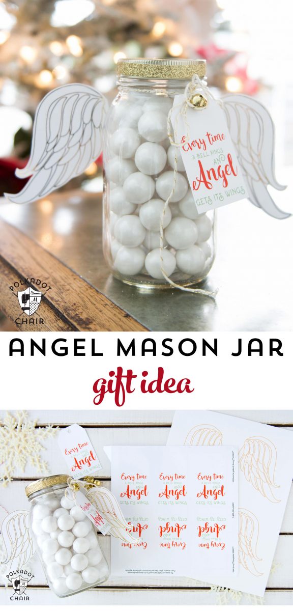 Cute Angel Christmas Mason Jar Gift Ideas and printable Christmas tags and angel wings on polkadotchair.com
