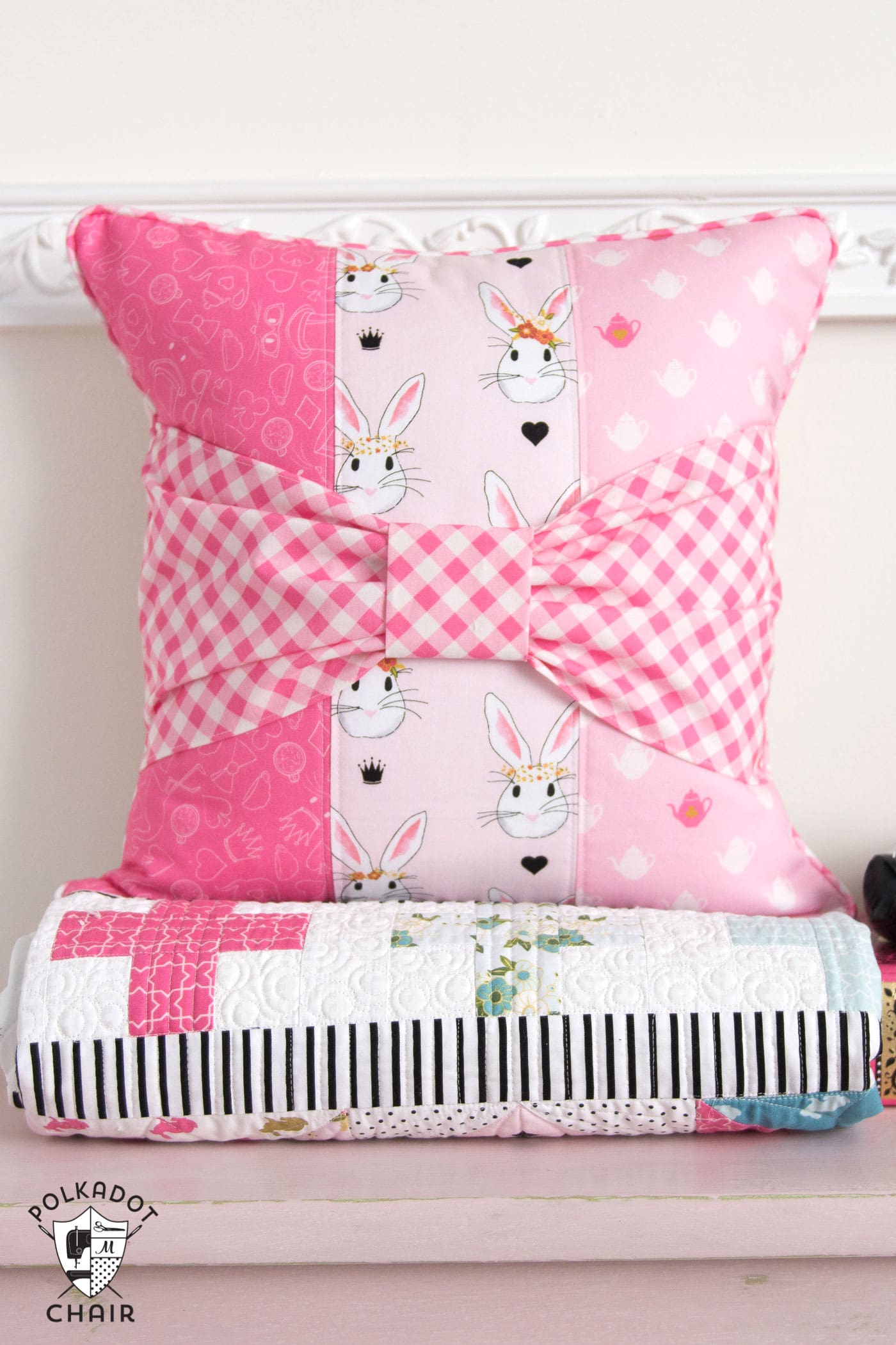 Bow Tie Pillow sewing pattern featuring Wonderland Two fabrics by Melissa Mortenson for Riley Blake Designs