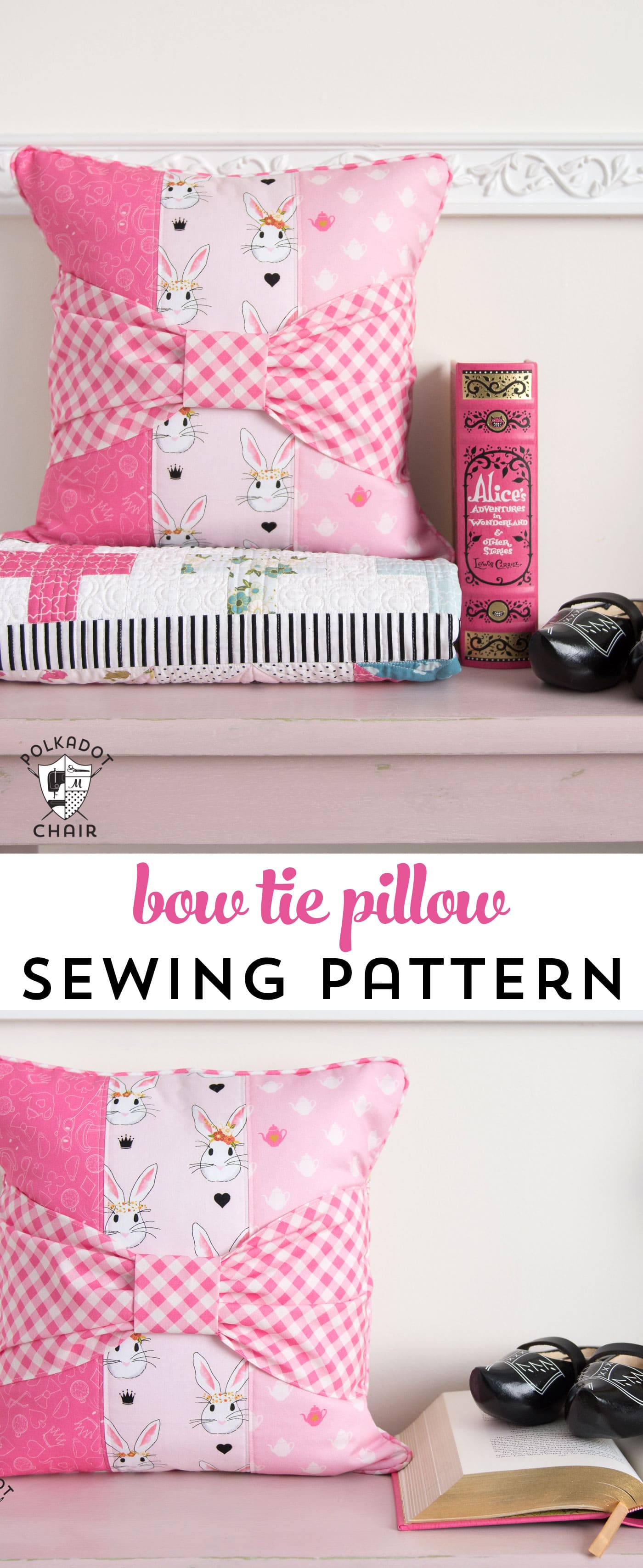 Bow Tie Pillow sewing pattern featuring Wonderland Two fabrics by Melissa Mortenson for Riley Blake Designs