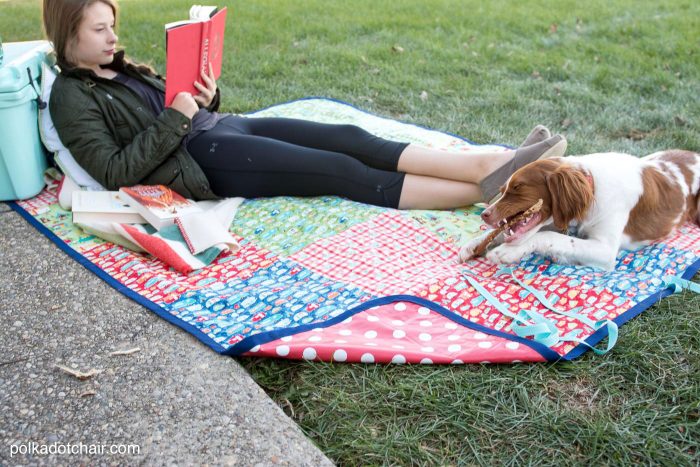 DIY Patchwork Waterproof Picnic Blanket Pattern, an easy to sew tutorial for a picnic blanket that rolls up!