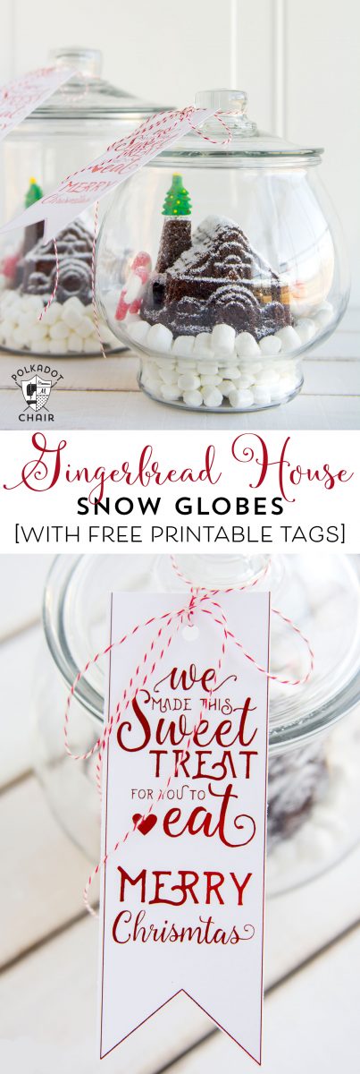 Cute idea for friend and neighbor Christmas gifts! A snow globe gingerbread house made with a simple mold. Post includes a link to the free printable tag.