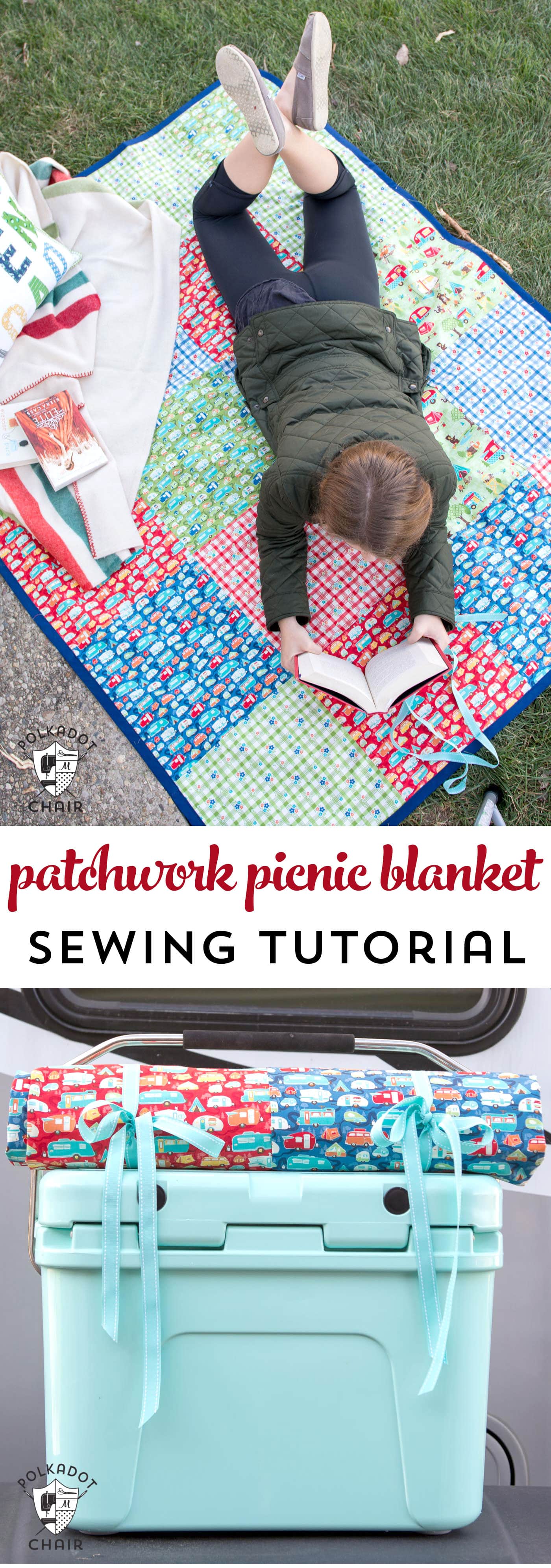 DIY Patchwork Waterproof Picnic Blanket Pattern, an easy to sew tutorial for a picnic blanket that rolls up!