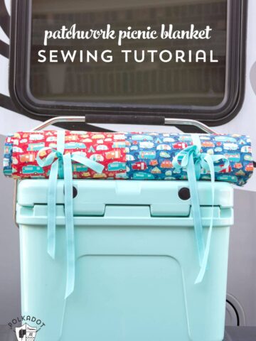 DIY Patchwork Waterproof Picnic Blanket Pattern, an easy to sew tutorial for a picnic blanket that rolls up!