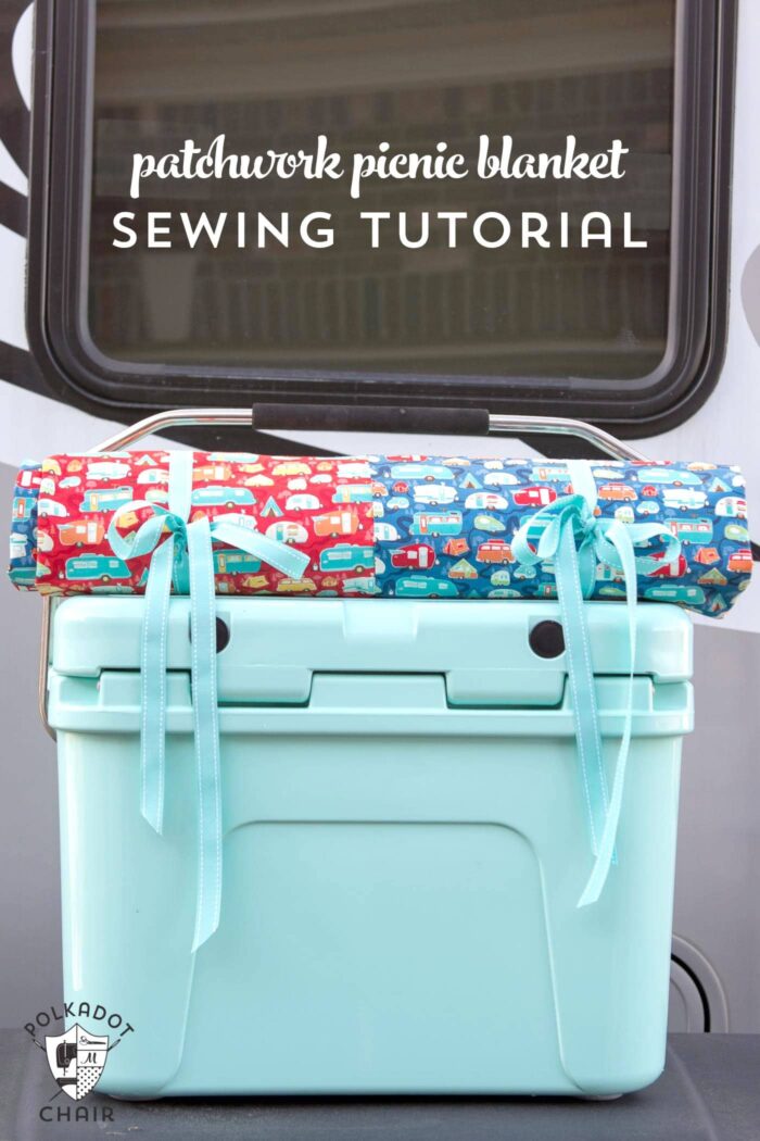 DIY Patchwork Waterproof Picnic Blanket Pattern, an easy to sew tutorial for a picnic blanket that rolls up!