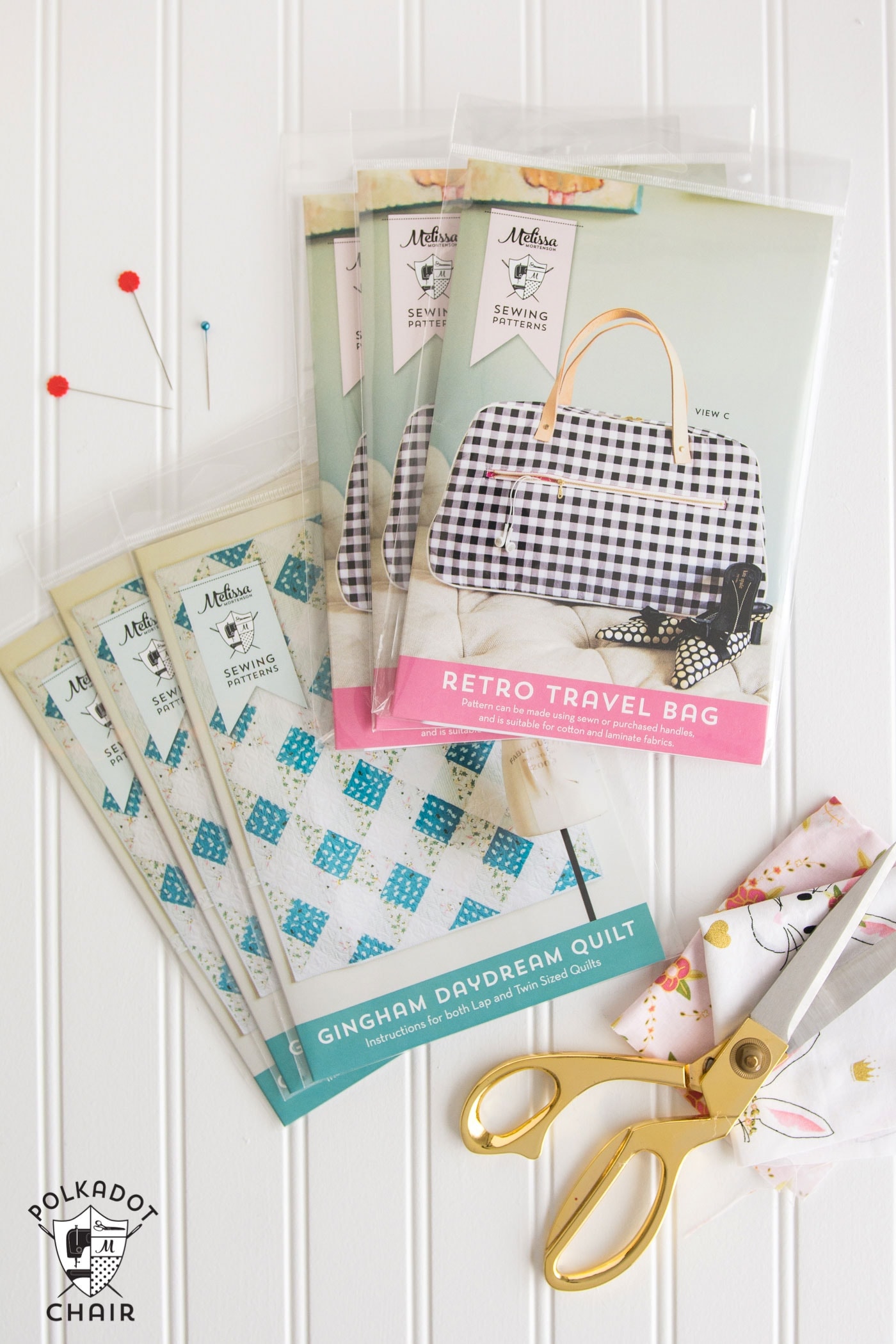 Printed copies of the Retro Travel Bag Sewing Pattern and the Gingham Daydream Quilt Pattern by Melissa Mortenson 